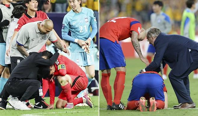 [서울=뉴시스] 손흥민(왼쪽사진)이 2일(현지시간) 카타르 알와크라 알자누브 스타디움에서 열린 2023 아시안컵 8강전 호주와의 경기에서 승리한 뒤 눈물을 흘리고 있다. 오른쪽 사진은 2015년 아시안컵 호주와의 결승전에 패한 뒤 아쉬움의 눈물을 흘리는 손흥민.