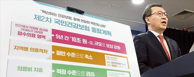 < ‘보장 확대’서 ‘지출 효율’로 대전환 > 박민수 보건복지부 2차관이 4일 정부서울청사에서 제2차 국민건강보험 종합계획을 발표하고 있다. 정부는 2028년까지 필수의료 분야에 10조원 이상을 투입하고, 지출 효율화를 위한 건보 구조개혁에 나서기로 했다.  /연합뉴스