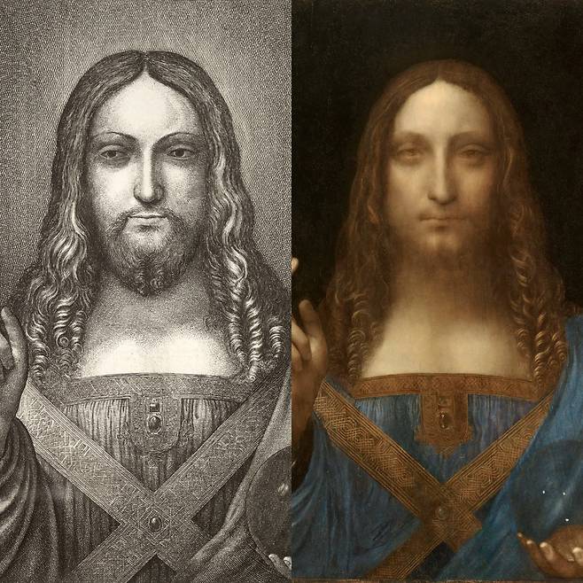 바츨라프 홀라르가 다빈치가 그린 원본을 보고 그린 1650년 작 동판화(왼쪽)과 살바토르 문디(오른쪽). [위키피디아·크리스티]