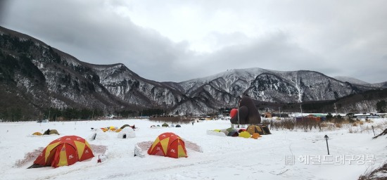 겨울 왕국 울릉도 나리분지 에는 요즘  가는 겨울 을 아쉬워 한듯 스노 캠핑 마니아 ‘북적’이고 있다(독자제공)