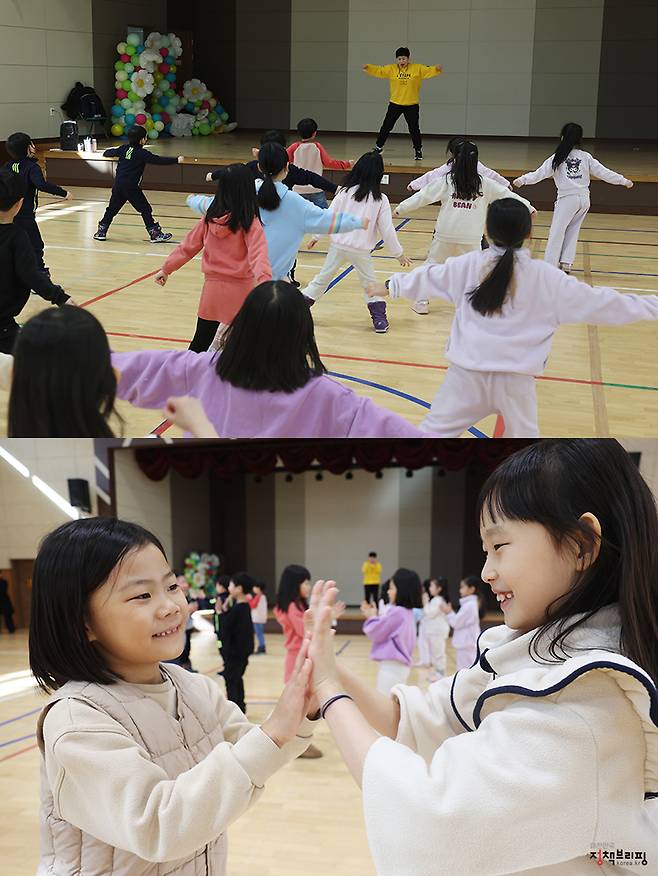 송린초등학교 1학년 학생들이 오후돌봄 ‘에어로빅힙합 체육 특기적성 프로그램’에 참여하고 있다. (ⓒ문화체육관광부 국민소통실, 무단 전재-재배포 금지)