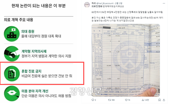 정부가 1일 필수의료 정책 패키지를 발표하면서 혼합진료를 단계적으로 금지하겠다고 하자 의료민영화라는 반응이 인터넷에 떠돌았다. 왼쪽은 지난 3일 국내 한 커뮤니티 사이트에 올라온 “의료민영화 근황”이라는 제목의 글의 일부다. 오른쪽은 X(구 트위터)에 올라온 의료민영화 반대 글이다. 온라인 사이트와 X 갈무리.