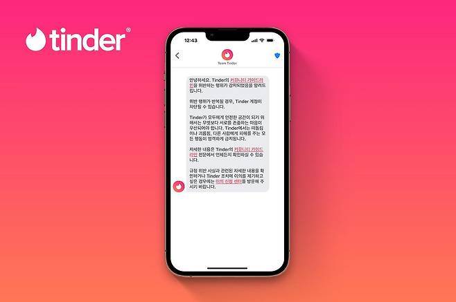 틴더, AI로 사용자 언행 경고하는 기능 추가 [틴더·호프만에이전시 제공]