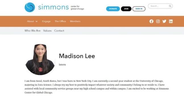 이재용 삼성전자 회장 딸인 이원주씨가 미국 NGO 단체에서 인턴으로 근무 중이다. / 사진= 글로벌 시카고 시몬스센터 홈페이지 캡처