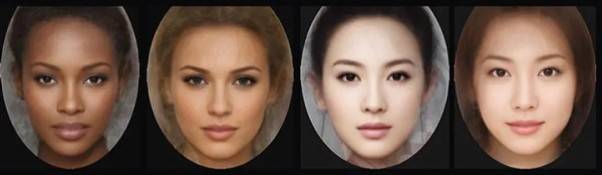 흑인, 백인, 중국인, 일본인 연예인 평균 얼굴에서 광대의 느낌은 똑같을 정도로 비슷합니다. 모두 '높게 위치한 광대' 입니다. [사진=Aesth Plast Surg (2010) 34:800]