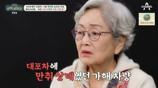 무면허 음주운전 차량에 치여 하반신 장애를 얻은 손자를 8년째 간호 중인 배우 김영옥(88) 씨의 사연이 전해졌다. /채널A 방송화면 캡처