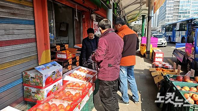 설 연휴를 하루 앞둔 지난 8일 서울 영등포구의 청과물시장을 찾은 시민들이 차례상에 올릴 사과를 고르고 있다. 나채영 수습기자