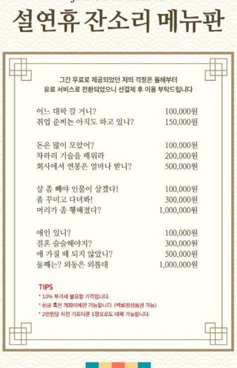 명절 잔소리별로 가격이 책정된 메뉴판. /온라인 커뮤니티