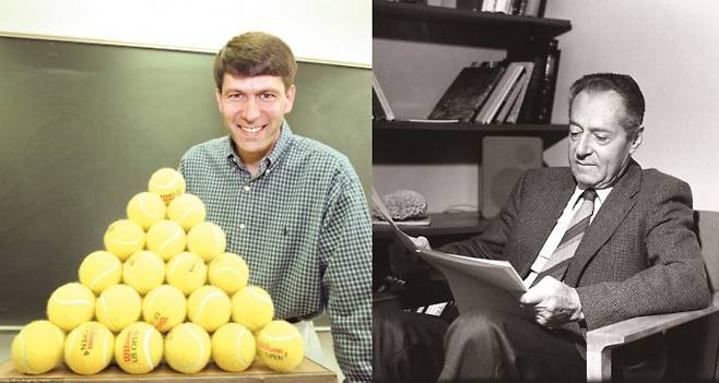 (왼쪽부터)면심입방격자 형태로 쌓은 테니스 공 뒤에서 포즈를 취한 토머스 헤일즈 미국 미시간대 수학과 교수. 그는 1998년, 무한 공간에서 구를 쌓을 때의 공간 효율에 관한 케플러 추측을 증명하는 데 성공했다, &nbsp;헝가리 수학자 페예시 토트 라슬로. 유한한 구를 쌓을 때는 케플러 추측이 성립되지 않는 경우가 발생한다. 라슬로는 유한한 구를 쌓을 때 최적의 부피를 가지는 배열에 대한 ‘소시지 추측’을 발표했다. .University of Michigan Library 2.the Image File Collection of the Academic Library 제공