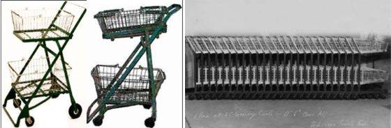 (왼쪽부터)실버 골드만이 고안한 첫번째 쇼핑카, 캐스퍼사가 제조한 카트, 서로 포개진 카트 모습