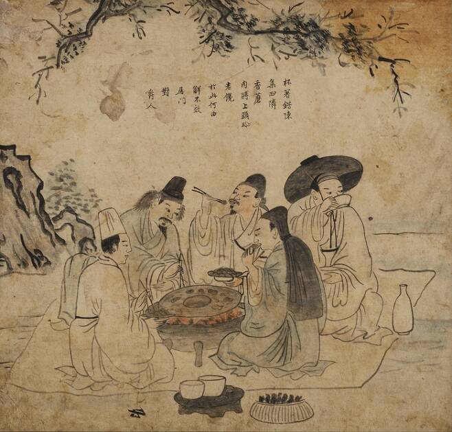 성협 필 풍속도(19세기). 남자 5명이 숯불 위에 소고기를 구워먹고 있다. [국립중앙박물관]