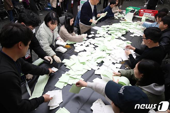 6일 오후 대구 북구 엑스코에서 열린 '제22대 국회의원선거 개표 최적화 특별교육'에 참여한 대구시선거관리위원회와 구·군 선관위 관계자들이 수작업 개표 등 모의개표 실습을 하고 있다. 2024.2.6/뉴스1 ⓒ News1 공정식 기자