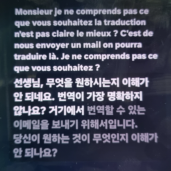 프랑스의 한 호텔 직원이 명확한 메시지 전달을 위해 이메일을 보내라고 말했다. 이를 통역하고 통역한 내용을 폰에 문자로 표시했다. 정옥재 기자