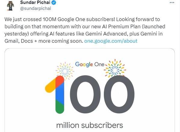 구글 원 구독자 1억명 돌파 [순다르 피차이 CEO 엑스 캡처]