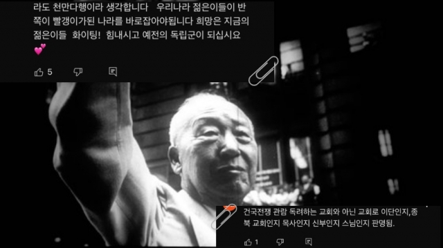 영화 ‘건국전쟁’ 도입부에 등장하는 이승만 대통령의 1954년 방미 영상 스틸컷. 상하단 이미지는 단체 관람 후기 영상에 올라와 있는 정치적 선동이 엿보이는 댓글들.