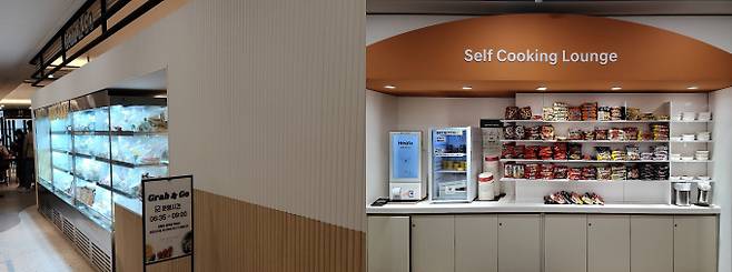 현대자동차 양재사옥 구내식당 내 Grab & Go 코너(왼쪽), 현대자동차 양재사옥 구내식당에 비치된 조리 부스(오른쪽) /사진= 지선우 기자