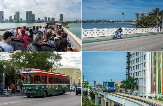 마이애미의 다양한 교통 수단. 2층짜리 시티투어 버스와 공유 자전거인 '시티바이크'. 하단의 '마이애미 트롤리'와 '메트로무버'는 무료로 탈 수 있다.