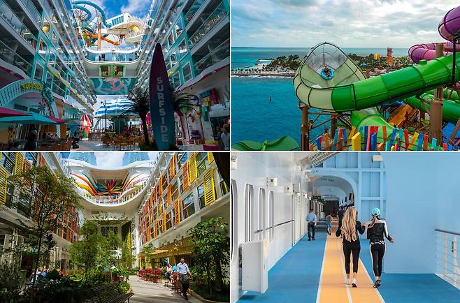 (왼쪽 위부터 시계방향으로) 1 유아용 풀, 회전목마, 디저트 가게, 오락실 등 키즈 공간이 몰려 있는 7층 서프사이드. 2 스릴 아일랜드(16층)의 워터 슬라이드. 3 야외 데크(5층)에 600m가 넘는 조깅 트랙이 조성돼 있다. 4 명품관과 고급 레스토랑이 줄지어 있는 8층 센트럴파크.