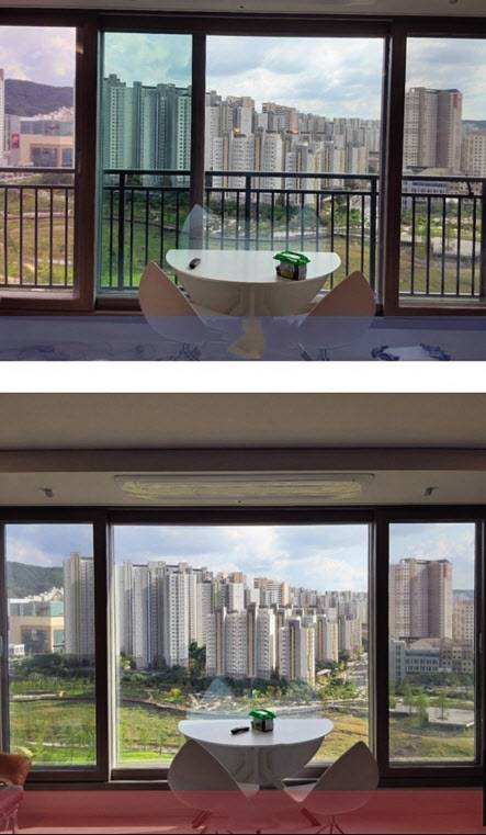 한 아파트단지 거실창에 철제난간을 설치한 모습(위쪽)과 유리난간으로 변경 시공한 모습 [온라인 커뮤니티 캡처]