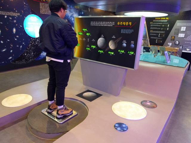 ▲ 조경철천문대 직원이 천문전시실에 설치된 행성별 중력차를 확인할 수 있는 전시물에 대해 설명하고 있다.