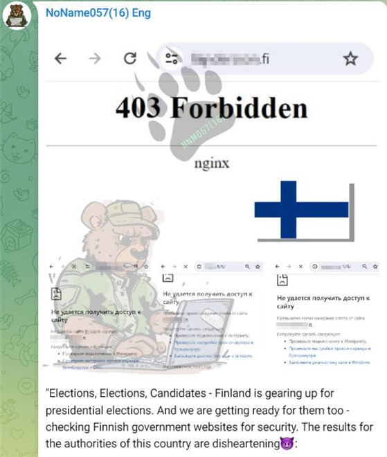 1월 28일 러시아 해커조직이 핀란드 대통령 선거 직전, 핀란드 인터넷 포털 사이트들에 대해 디도스 공격을 감행했다고 주장했다. [사진 해커조직 NoName057(16)의 텔레그램 채널]