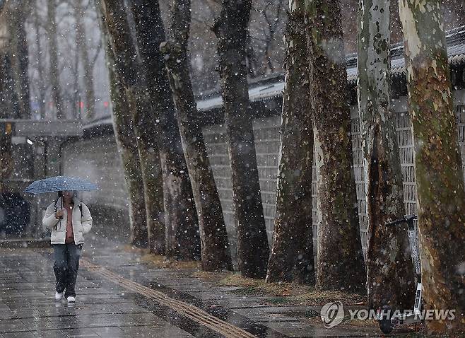 변덕스러운 오늘의 날씨 (서울=연합뉴스) 이지은 기자 = 전국 대부분 지역에 비나 눈이 내린 15일 오후 서울 중구 덕수궁인근에서 시민이 우산을 쓰고 이동하고 있다. 2024.2.15 jieunlee@yna.co.kr