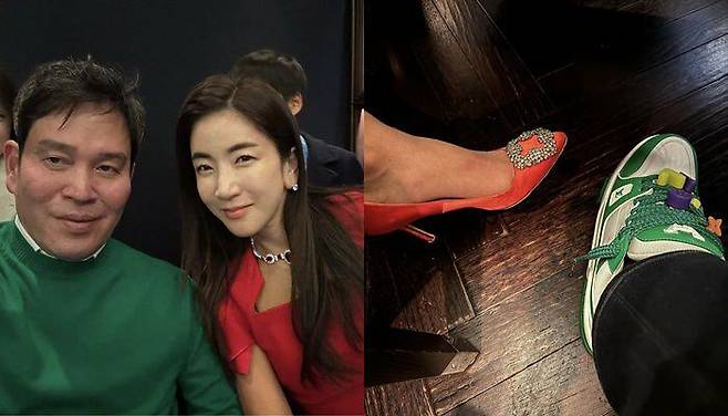 지난 성탄절 부인 한지희씨와 크리스마스 룩을 연출한 정용진 신세계그룹 부회장. 한씨는 이날 마놀로 블라닉을 신었다. /정용진 부회장 인스타그램