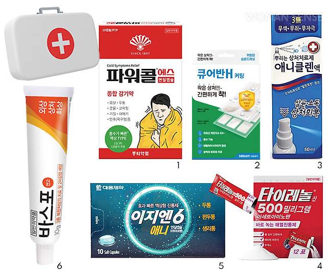 가정용 필수 상비약 1 종합 감기약 파워콜 연질캡슐 2 습윤 드레싱 큐어반H 3 소독약 애니클렌액 4 해열진통제 타이레놀 5 해열소염진통제 이지엔 애니 연질캡슐 6 상처 연고 바스포연고