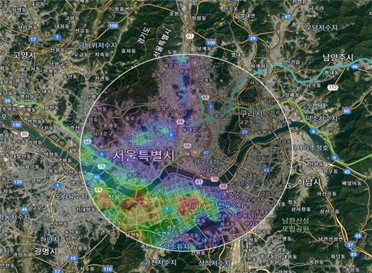 '미세먼지 스캐닝 라이다'를 통한 미세먼지 실시간 지도 표출 (예시). 사진=서울시 제공