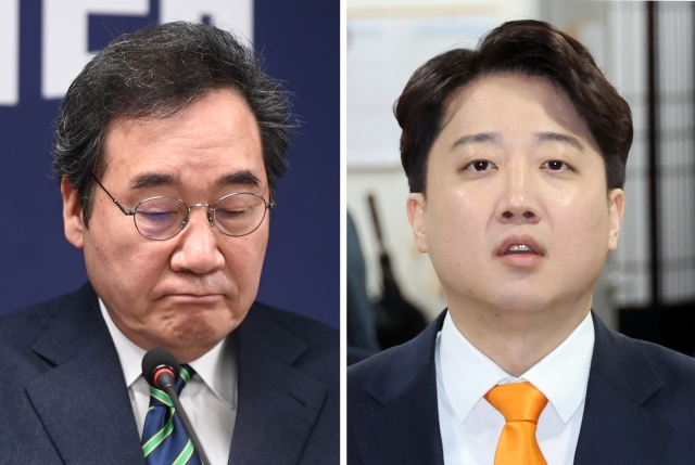 왼쪽은 여의도 새로운 미래 당사에서 20일 합당 철회 기자회견 하는 이낙연 공동대표, 오른쪽은 한 시간 후 국회에서 기자회견 하는 이준석 공동대표. 연합뉴스