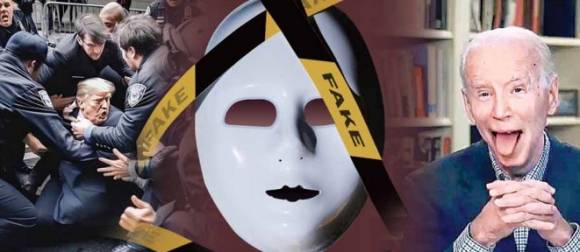 도널드 트럼프 전 미국 대통령이 경찰에 체포된 것처럼 조작된 딥페이크 사진물. 지난해 초 온라인상에 퍼진 이 사진은 인공지능(AI) 이미지 생성 프로그램 ‘미드저니’가 만든 가짜 사진으로 판명됐다(왼쪽 사진). 오른쪽 사진은 조 바이든 미국 대통령이 안면 경련을 일으켜 혓바닥을 내민 것처럼 보이게 조작한 딥페이크 영상의 한 장면. 엑스 캡처