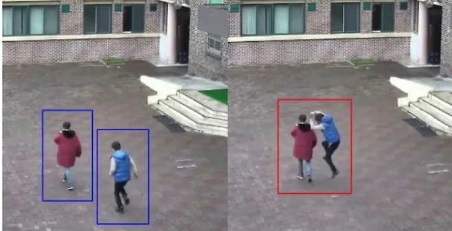 학교 폭력 예방 인공지능(AI) 솔루션은 일반적인 교내 활동 땐 파란색으로 표시되지만 폭력이 의심될 경우 빨간색으로 변하면서 알람이 울린다. [사진 출처 = 에스원]