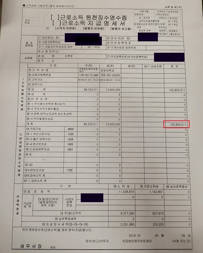 더불어민주당 신현영 의원이 의사로 근무하던 시절 뗀 근로소득 원천징수명세서. 신현영 의원 페이스북 캡처