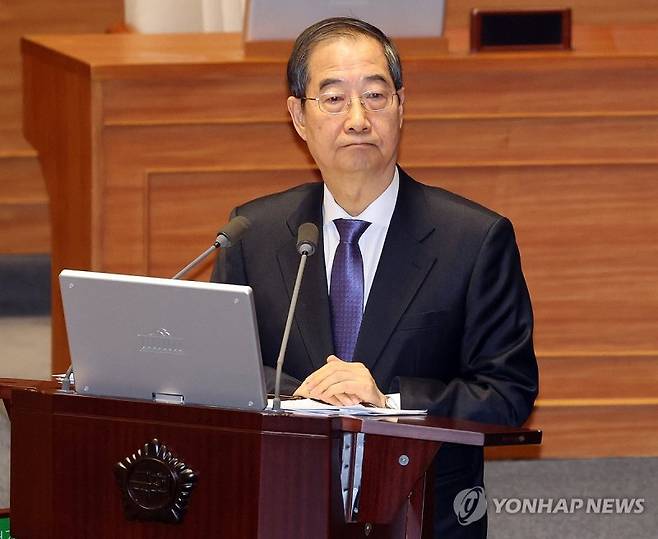 한덕수 국무총리가 22일 국회 본회의 대정부질문에서 답변하고 있다./사진=연합뉴스