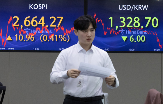 Screens in Hana Bank's trading room in central Seoul show the Kospi closing at 2,664.27 points on Thursday, up 0.41 percent, or 10.96 points, from the previous trading session. [NEWS1]