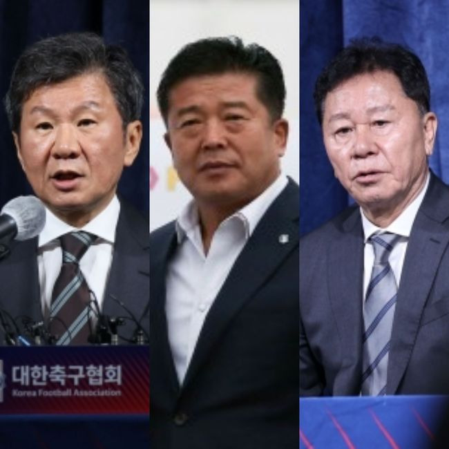 [사진] (왼쪽부터) 정몽규 회장, 이석재 부회장, 정해성 신임 전력강화위원장 / 대한축구협회