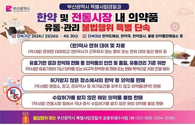 부산시 특사경, 한약 취급업소 불법의약품 유통판매 집중 단속 [부산시 제공]