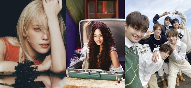 가수 아이유 비비 투어스(왼쪽부터)가 치열한 음원 차트 전쟁을 펼치고 있다. /EDAM엔터테인먼트, 필굿뮤직, 플레디스엔터테인먼트