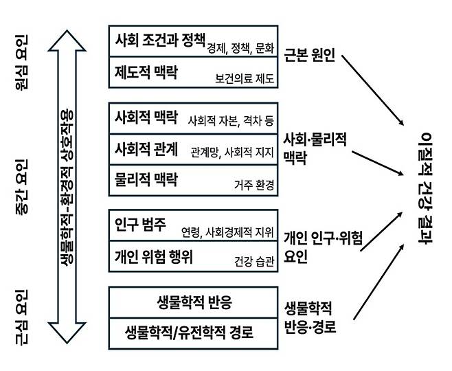 건강과 질병은 다양한 요인에 의해 결정되고, 특히 사회적 구성이나 관계는 건강과 질병을 결정지을 수 있는 주요한 요인이다. 그러나 지금 우리는 의학을 떠올릴 때 아래의 생물학적 요인만 생각한다. 이것은 의학에 대한 불충분한 접근으로 이어지고, 결국 지금의 의료 위기를 낳았다. 그림은 논문의 것을 번역, 요약하였다.[2]