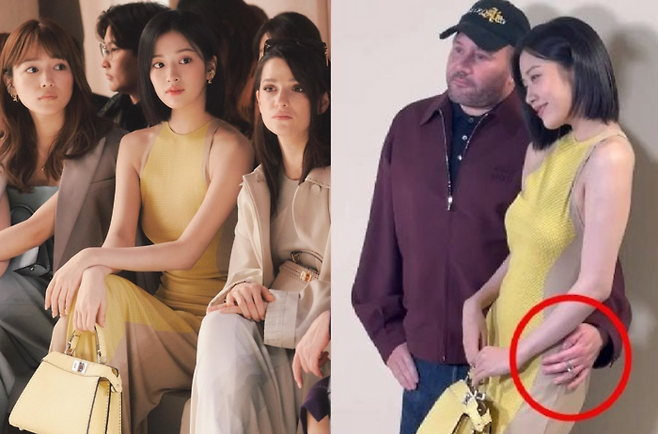 안유진이 참석한 패션쇼에서 패션디렉터의 사진 촬영 포즈가 논란이 되고 있다. [사진출처 = 엑스]