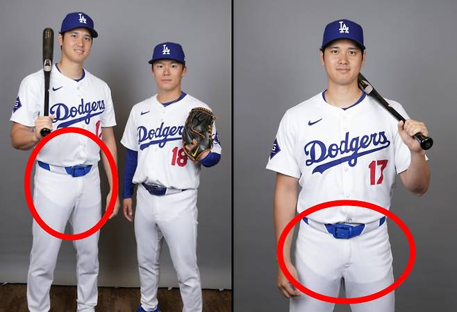 미국프로야구 메이저리그(MLB) 2024 유니폼을 입은 LA다저스의 오타니 쇼헤이(왼쪽)과 야마모토 요시노부(오른쪽).얇은 흰색 바지 안으로 넣어 입은 상의가 훤히 비치는 모습. 2024.2.21 [AP]