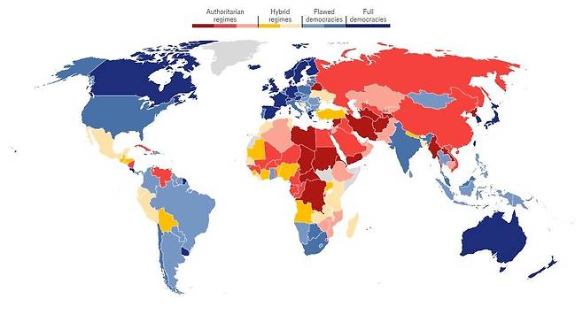 EIU가 발표한 ‘2023년 민주주의 지수’  국가별 현황.    이코노미스트