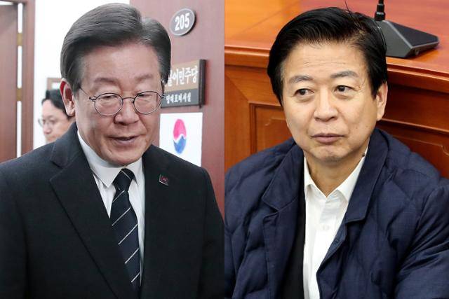 이재명(왼쪽) 더불어민주당 대표가 23일 서울 여의도 국회 당대표회의실에서 공천 탈락에 반발해 무기한 단식 농성에 들어간 노웅래 의원 면담을 마치고 이동하고 있다. 뉴스1