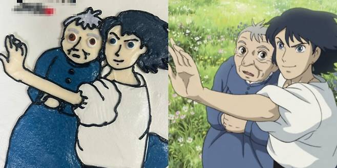 온라인서 논란이 된 주문제작 케이크와 고객이 의뢰한 실제 애니메이션의 장면. /사진=온라인 커뮤니티 캡처