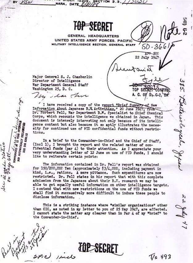 ▲ 1947년 7월17일 도쿄 연합군사령부 정보 책임자 찰스 윌로비 준장이 워싱턴 합동참모본부의 정보 책임자 챔벌린 소장에게 보낸 기밀 문서. 3차 조사관 노버트 펠이 세균정보를 얻는 데 쓴 비용이 15만~20만 엔을 넘지 않았다고 밝혔다. ⓒ미 국립문서보관소