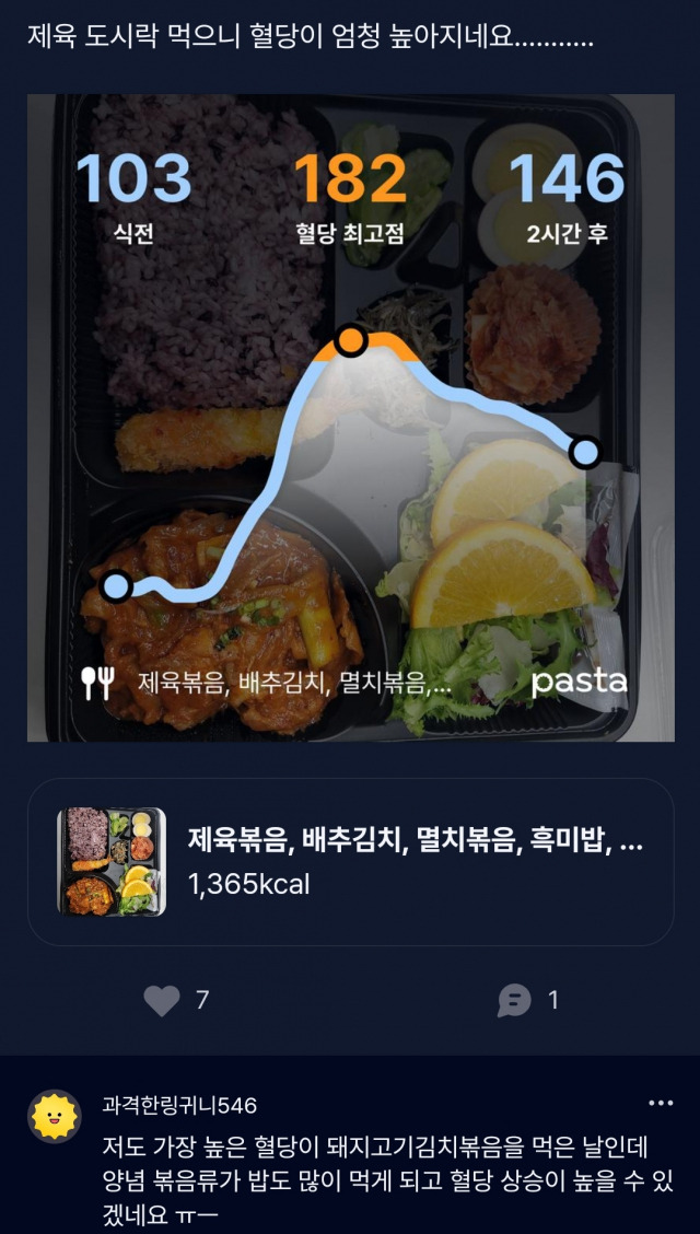 커뮤니티에 식사 후 혈당 변화 경험을 공유하자 다른 이용자들이 의견을 남겼다. 파스타 캡처