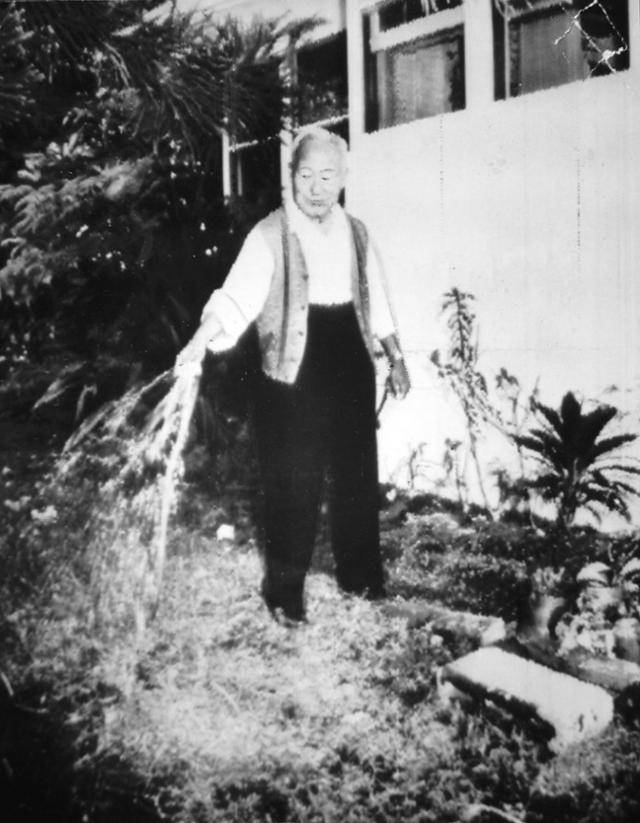 하와이 망명생활 도중 이승만 전 대통령이 기거하는 집 마당의 잔디에 물을 뿌리고 있다.