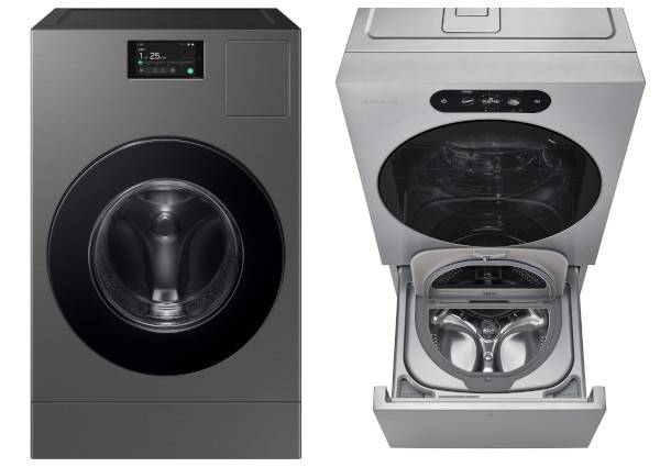삼성전자와 LG전자가 세탁부터 건조까지 한 기기 안에서 진행되는 일체형 세탁건조기 기술 경쟁을 벌이고 있다. 왼쪽 사진은 삼성전자의 세탁건조기 ‘비스포크 AI 콤보’. 오른쪽은 ‘LG 시그니처 세탁건조기’. 삼성전자·LG전자 제공