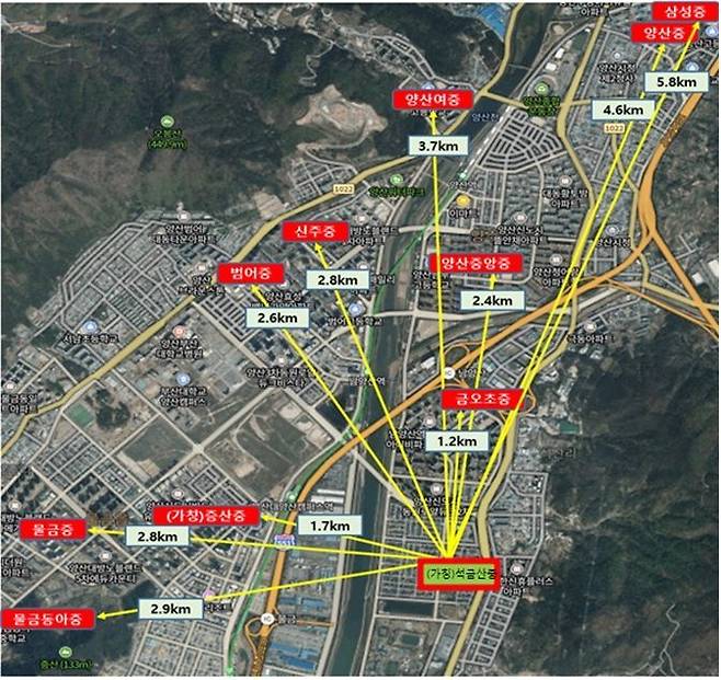 경남 양산시 동면 석금산중학교 설립 예정지 및 인근 학교 현황. [자료제공=경남교육청]