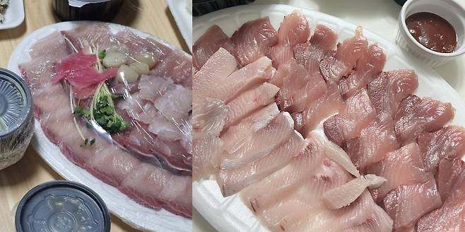 A 씨가 해당 가게의 배달 앱 리뷰에서 본 '자연산 대방어' 사진들. (온라인 커뮤니티 갈무리)